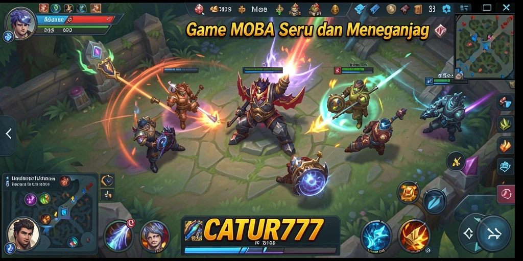 Screenshot gameplay CATUR777 menunjukkan aksi seru dalam pertempuran MOBA.